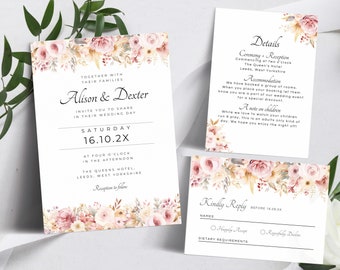 Blush Pink Wedding Invitation Template Suite, Printable Pink Floral Wedding RSVP, Editable Romantic Pink Roses Details and Invite Set, LW01