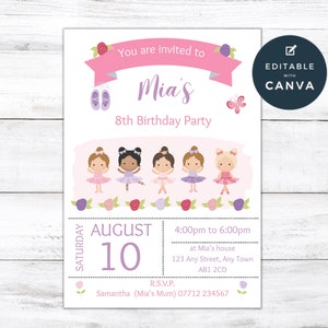 Ballerina Birthday Party Invitations, Ballet Birthday Editable Party Invites, Girls Dance Themed Invite, Instant Download Template, BA01