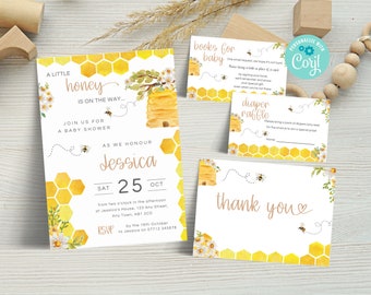 May include: A baby shower invitation with a honeycomb pattern and bee illustrations. The invitation says "A Little Honey Is On The Way..." and includes the date and time of the shower. There are also cards for guests to bring books or diapers for the baby.