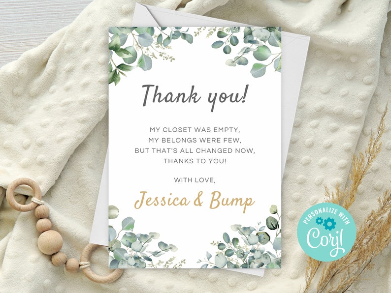 Editable Greenery Baby Shower Thank You Note, Gender Neutral Baby ...