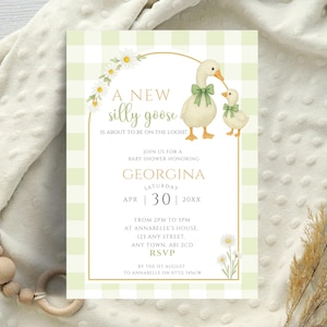 Silly Goose Baby Shower Invitation, Green Gingham Printable Invite, Mother Goose Baby Shower Invite, Editable Neutral Invite Template LBA28