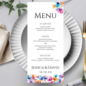 Plantilla de menú de boda floral brillante, menú de cena de flores de colores imprimible, descarga de menú de boda, menú de evento editable LW06
