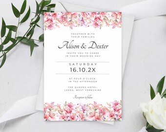 Pink Lily Wedding Invitation Template, Printable Pink Lillies Wedding Invite, Romantic Pink Invitation Download, Editable Invite, LW214
