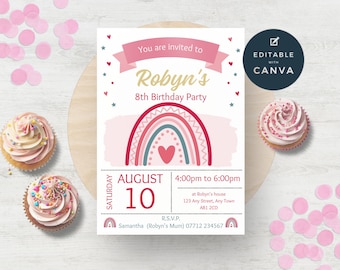 Rainbow Birthday Invitation for Girls, Boho Rainbow Party Editable Invite, Rainbow Theme Party, Instant Download Template RA01