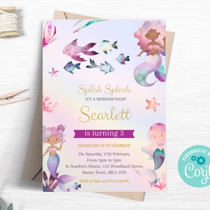 Mermaid 3rd Birthday Invitation, Editable Mermaid Party Invite, Under The Sea Mermaid, Magical Pink Purple Girl Printable Template ME01
