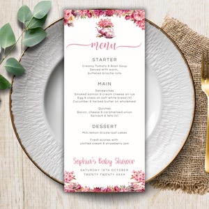 Nachmittagstee Menüvorlage, Pink Printable Tee Dinner Party Menü, Baby Girl Shower bearbeitbares Menü, Benutzerdefiniertes Event-Menü, Sofort Download LBA02