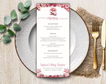 Afternoon Tea Menu Template, Pink Printable Tea Dinner Party Menu, Baby Girl Shower Editable Menu, Custom Event Menu, Instant Download LBA02