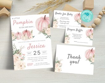 May include: A set of baby shower invitations and cards with a watercolor pumpkin theme. The main invitation reads "A Little Pumpkin is on Her Way..." and includes details for the event. Additional cards include "Books for Baby," "Diaper Raffle," and a thank you card.