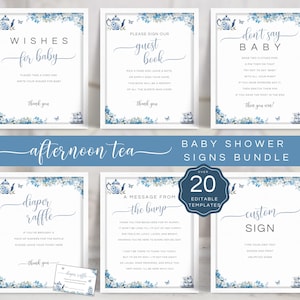Afternoon Tea Baby Shower Signs Bundle, Editable Tea Party Guest Book Sign, Editable Cards & Gifts Sign, Printable Blue Baby Boy Sign LBA01
