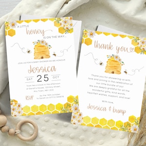 A Little Honey-uitnodiging en bedankkaart, honing onderweg babyshoweruitnodiging en bedankt, genderneutrale babybij Instant Download HN01