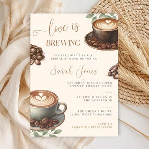 Coffee Bridal Shower Invitation, Love Is Brewing Bridal Party Invite, Coffee Beans & Cup Editable Template LBR05