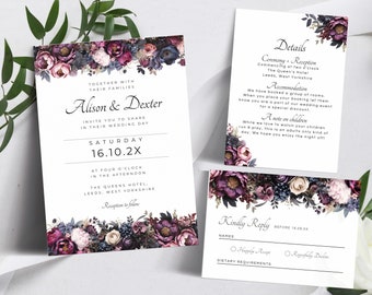 Moody Blumenhochzeitseinladungsvorlage, druckbare Antwortkarte mit dunklen Blumen, bearbeitbare romantische Hochzeitsdetails und Einladungsset, LW05