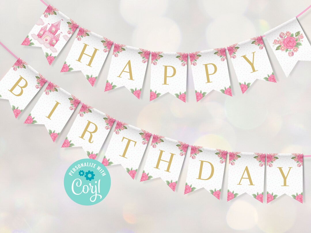 Princess Birthday Banner, Princess Party Bunting, Editable Pink ...