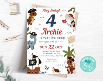 Pirate Dinosaurs 4th Birthday Invitation, Editable Dino Pirates Party Invite, Pirate Ship Invitation, Instant Download Template PI02