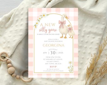 Silly Goose Baby Shower Invitation, Pink Gingham Printable Invite, Mother Goose Baby Shower Invite, Editable Baby Girl Invite Template LBA25