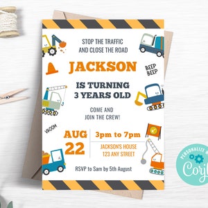 Construction 3rd Birthday Party Invitation, Editable Digger Party Invite, Instant Download Printable Template CO02