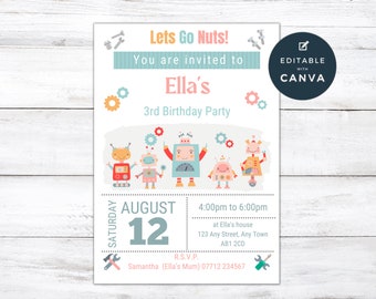 May include: A blue and white birthday invitation with the text "Lets Go Nuts!" and "You are invited to Ella's 3rd Birthday Party". The invitation features a cartoon illustration of robots with colorful accents. The date of the party is August 12th, and the time is 4:00pm to 6:00pm. The invitation also includes the address and contact information for the party.