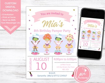 Spa Day Girls Birthday Party Invitation, Girls Pamper Party Evite, Digital Print at Home, Personalised Printable Download, Custom Digital