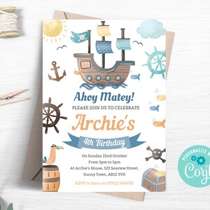 Invitación de cumpleaños del barco pirata, invitación editable a la fiesta pirata, fiesta de cumpleaños temática del mar, evita náutica, plantilla de descarga instantánea PI04