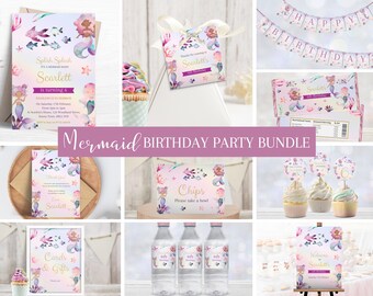 May include: A mermaid birthday party bundle with a variety of printable items, including invitations, favor tags, cupcake toppers, a banner, and a welcome sign. The design features a watercolor mermaid with purple, pink, and blue colors.
