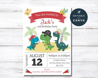 Dinosaur Pirates Birthday Editable Invitation, Dino Pirate Birthday Printable Invite, Instant Download, Template