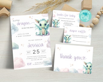 A Little Dragon Invitation Bundle, Editable Dragon On The Way Baby Shower Invite Set, Gender Neutral Baby Dragon Instant Download DG01