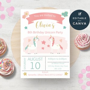 Unicorn Party Editable Invitations, Personalised Magical Birthday Printable Invites, Girls Unicorn Theme Party Invite Template UN02