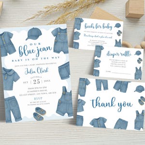 Blue Jean Baby Shower Invitation Bundle, Boys Denim Theme Invite, Diaper Raffle, Books for Baby, Thank You Card, Editable Template LBA33