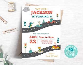 Dino Racers Geburtstagseinladung, Dinosaurier Racing Party einladen, Dinosaurier Rennautos, bearbeitbare Vorlage, Sofortdownload DI09