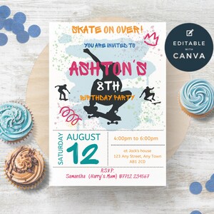 Skateboard Editable Party Invitation, Skate Park Printable Invite, Skateboarding Party, Skate Board Party, Instant Download, Template SK01