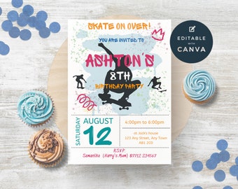 Könnte beinhalten: Eine rechteckige Geburtstagseinladung mit einer schwarzen Skateboarder-Silhouette, blauen Aquarellspritzern und dem orangefarbenen Text SKATE ON OVER. Die Karte enthält Details für Ashtons 8. Geburtstagsparty am 12. August.