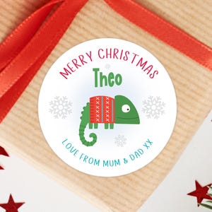 May include: A round white sticker featuring a green chameleon wearing a red and green patterned sweater. The text reads Merry Christmas, Theo, and Love from Mum & Dad XX. The design includes light blue snowflake accents on a white background.