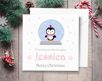 Pink Penguin in Snowglobe Personalised Christmas Card - CHANGE TEXT - Baby Girl's 1st Christmas - Daughter Keepsake Card - Granddaughter