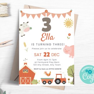 Farm 3rd Birthday Invitation, Barnyard Party Invite, Editable Barn Animals Birthday, Farm Ranch Evite, Instant Download Template FM02