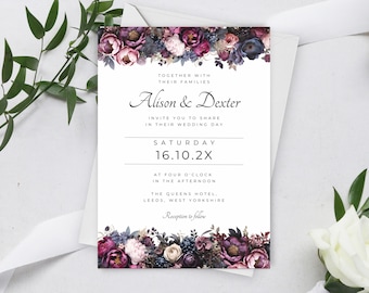 Moody Floral Wedding Invitation Template, Printable Dark Flowers Invite, Romantic Wedding Invitation Download, Editable Invite LW05
