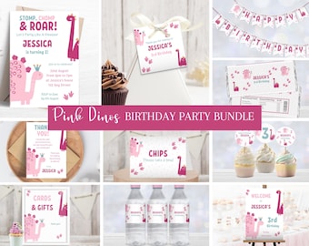 Paquete de invitación de cumpleaños de dinosaurio rosa, decoraciones de fiesta de niña Dino, paquete de cumpleaños de dinosaurio femenino editable, plantilla imprimible DI04