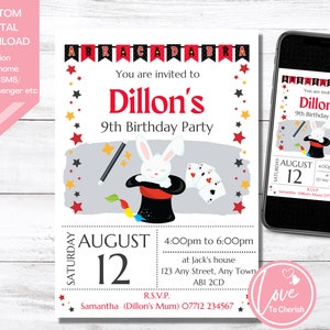 Puede incluir: Una invitación digital para la fiesta de cumpleaños número 9 de Dillon. El diseño presenta un tema de mago con un conejo blanco, una varita mágica y naipes. La invitación incluye la fecha, la hora y el lugar, con el texto "Abracadabra" en la parte superior.