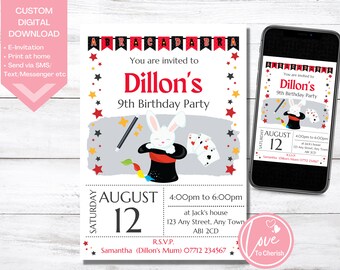 May include: A digital invitation for Dillon's 9th birthday party. The design features a magician theme with a white rabbit, a magic wand, and playing cards. The invitation includes the date, time, and location, with the text "Abracadabra" at the top.