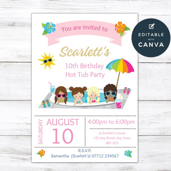 Hot Tub Girls Birthday Editable Invitation, Girls Pool Party Printable Invite, Instant Download, Template, Evite