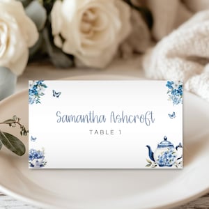 Tarjetas editables para la hora del té, tarjetas para la mesa de la tienda de campaña para baby shower, tarjeta azul con nombre para bebé niño, descarga instantánea LBA01