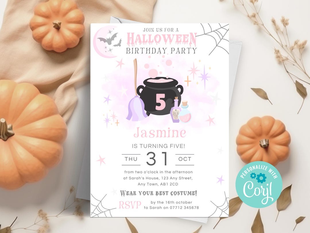 Editable Pink Halloween 5th Birthday Party Invitation, Costume Party ...