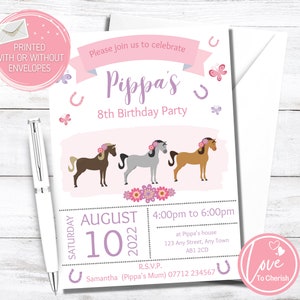 Personalised Horse Riding Party Invitations, Horse Birthday Invites, PRINTED with or without envelopes, Girls Pony Themed Party Invite