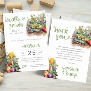 Faire-part et carte de remerciement modifiables cultivés localement, invitation et remerciements pour baby shower du marché de producteurs, ensemble d'invitation de bébé bio neutre LG01