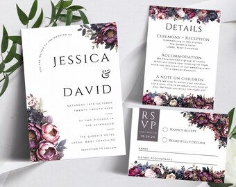 Moody Blumenhochzeitseinladungsvorlage, druckbare Antwortkarte mit dunklen Blumen, bearbeitbare romantische Hochzeitsdetails und Einladungsset, LW05