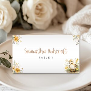 Bewerkbare plaatskaartjes een klein eendje, eend babyshower tenttafelkaarten, eendje is onderweg naamkaartje zitplaatsen, instant download DK01