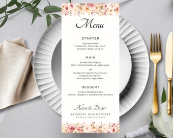 Blush Pink Wedding Menu Template, Printable Pink Floral Wedding Dinner Menu, Romantic Pink Roses Menu Download, Editable Event Menu, LW01
