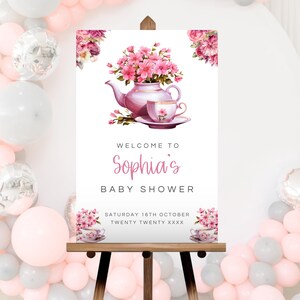 Welcome Sign, Editable Afternoon Tea Baby Shower Sign, Pink Tea Party Welcome Sign, Baby Girl Shower Sign, Instant Download Template LBA02