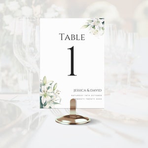 Modelo de número de mesa de casamento de lírio branco, nome de mesa de casamento de lírios brancos para impressão, download de cartões de mesa de casamento romântico editável, LW215