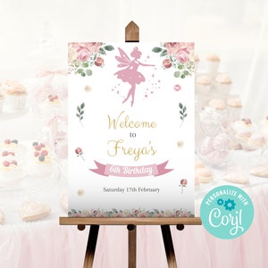 Signo de bienvenida de cumpleaños de hada rosa, decoración editable de fiesta de hadas, fiesta de hadas mágica, signo de bosque encantado, plantilla imprimible FA05
