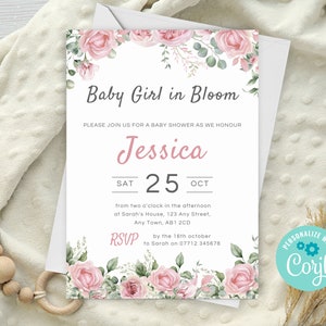 Editable Baby Girl In Bloom Baby Shower Invitation, Pink Floral Baby Shower Invite, Instant Download Template BB02